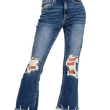 Mid-rise distressed denim pants with knee slits and raw hem; light wash with stretch fit shown on model.