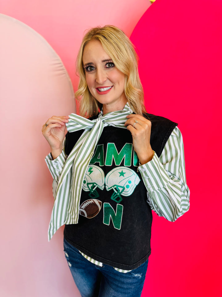 Green Stripe Long Sleeve Tie Top