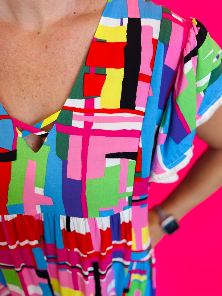 Multi Color Pattern Flutter Sleeve Dress
