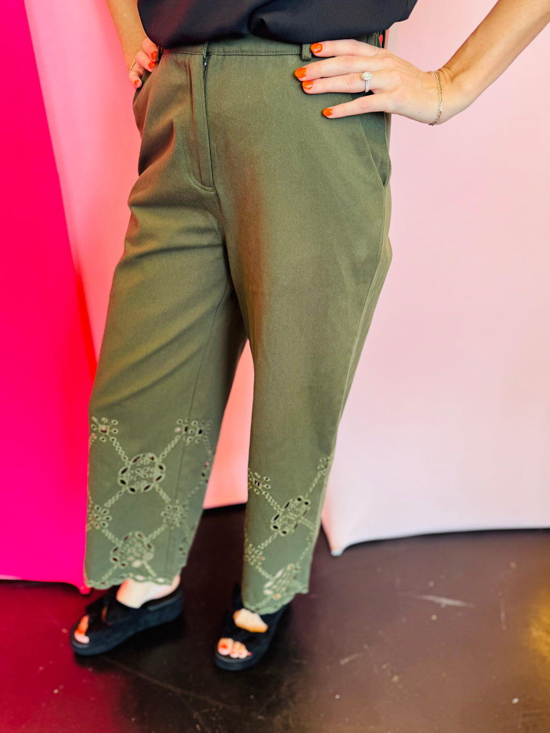 Olive Eyelet Hem Pants