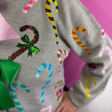 Queen Of Sparkles Grey Multi Candy Cane Multi Bow Sweater