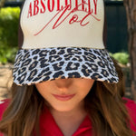 Cream and leopard print hat with red embroidered “Absolutely Not” lettering.