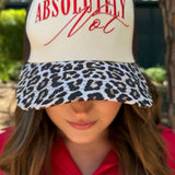 Cream and leopard print hat with red embroidered “Absolutely Not” lettering.