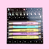 Funny adulthood pen set with relatable adulting sayings and black ink pens.