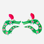 Green floral alligator earrings with hot pink beaded studs.
