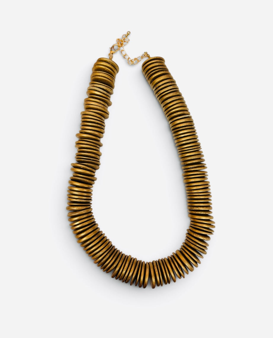 Antique gold statement necklace with stacked flat disc beads and adjustable chain.