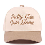 Two tone brown and beige hat with pretty girls love Jesus text and adjustable strap