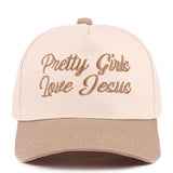 Two tone brown and beige hat with pretty girls love Jesus text and adjustable strap
