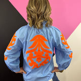 Blue & Orange Scroll Print Top