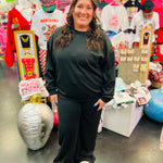 Black Scuba Pullover & Pants Set, plus size, stretch knit with relaxed fit for chic everyday comfort.