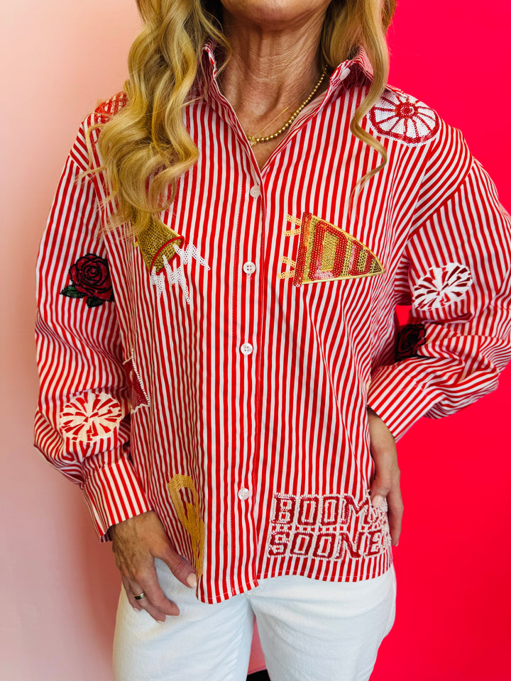 Close up of Queen Of Sparkles crimson red and white stripe icon University Of Oklahoma game day blouse.