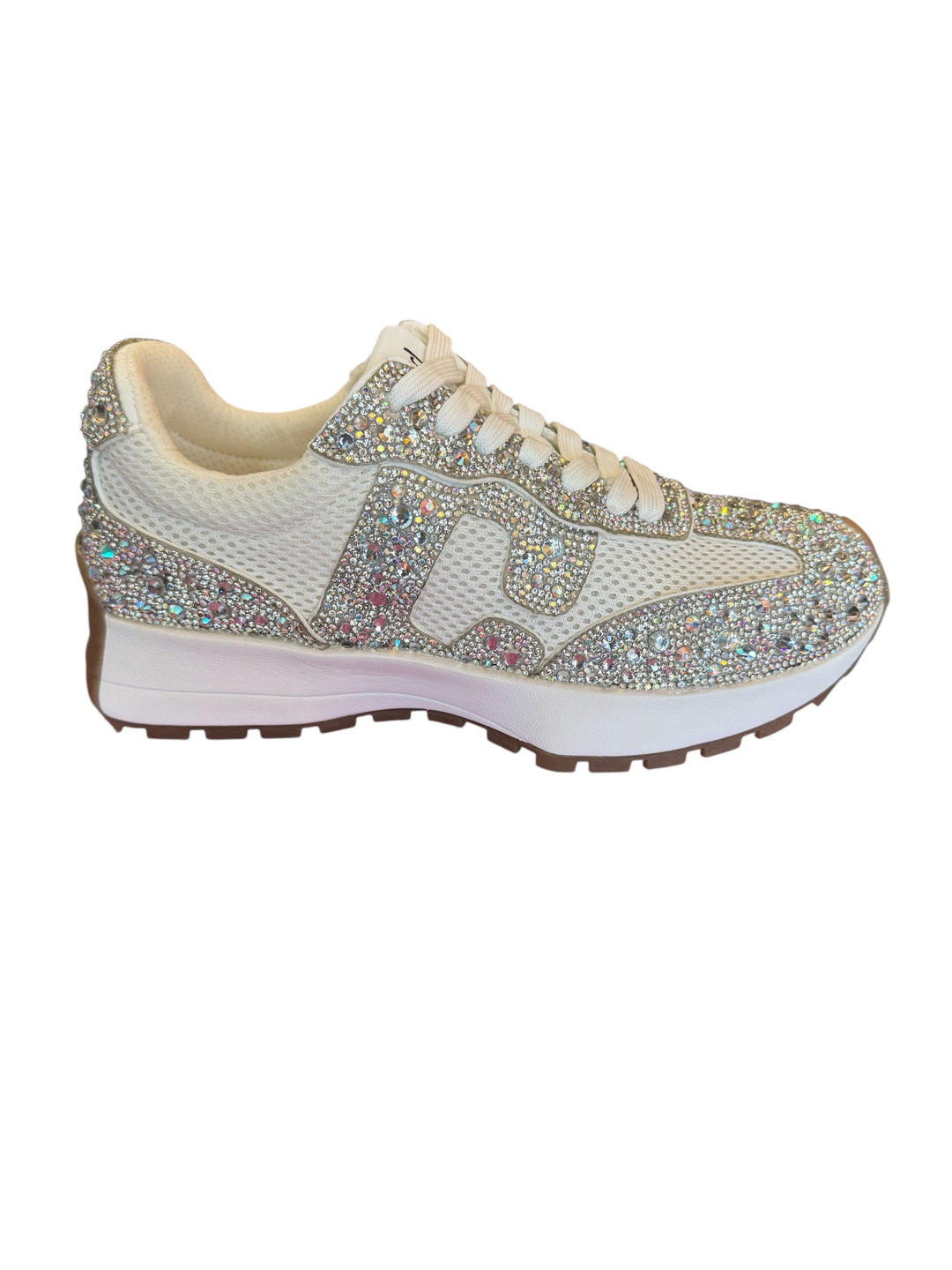 Side view of Corkys white sneaker with rhinestone embellishments 