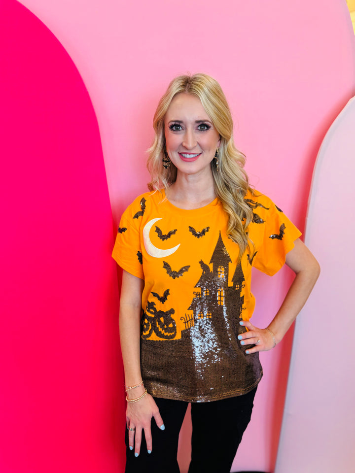 Queen Of Sparkles Orange & Black Halloween House Tee