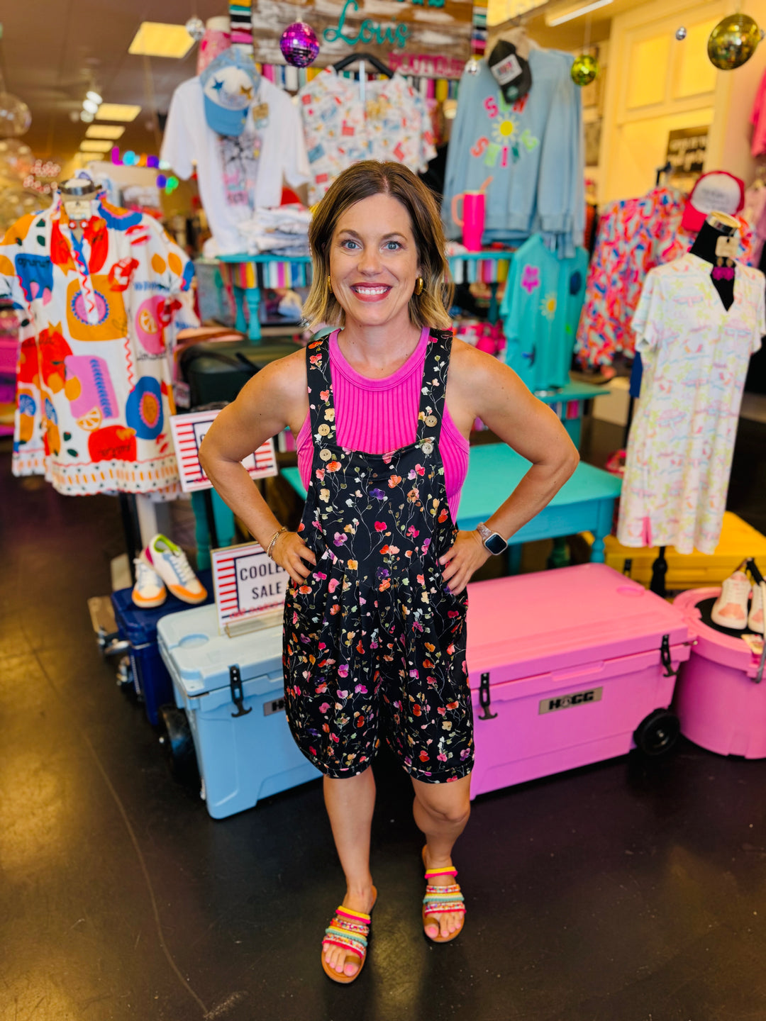 Black Happy Blooms Overall Shorts