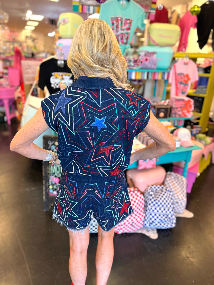 Queen Of Sparkles Denim Groovy Star Romper