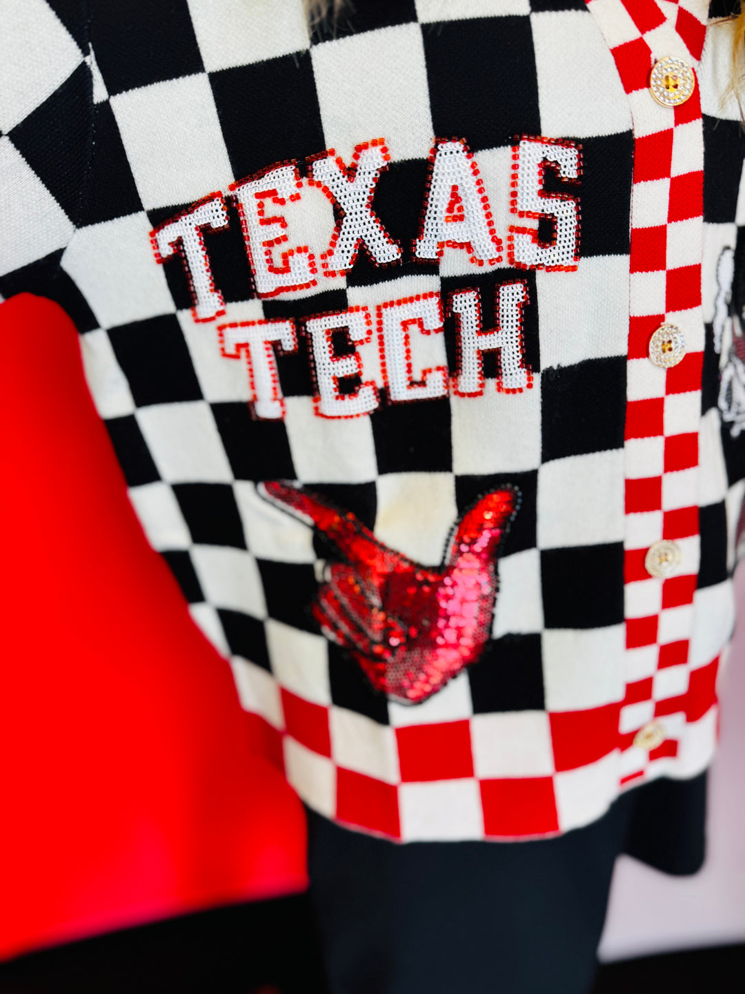 Queen Of Sparkles Texas Tech Checkered Team Icons Cardigan