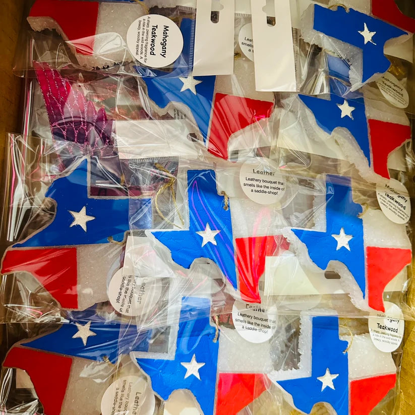 Texas car freshie in red, blue, and white in lone star flag motif.