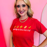 Heather red hot dog graphic tee with funny slogan