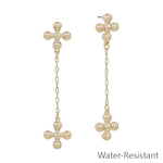 Water resistant 1.5" dangle earrings with ball-shaped cross on chain, lead and cadmium safe.
