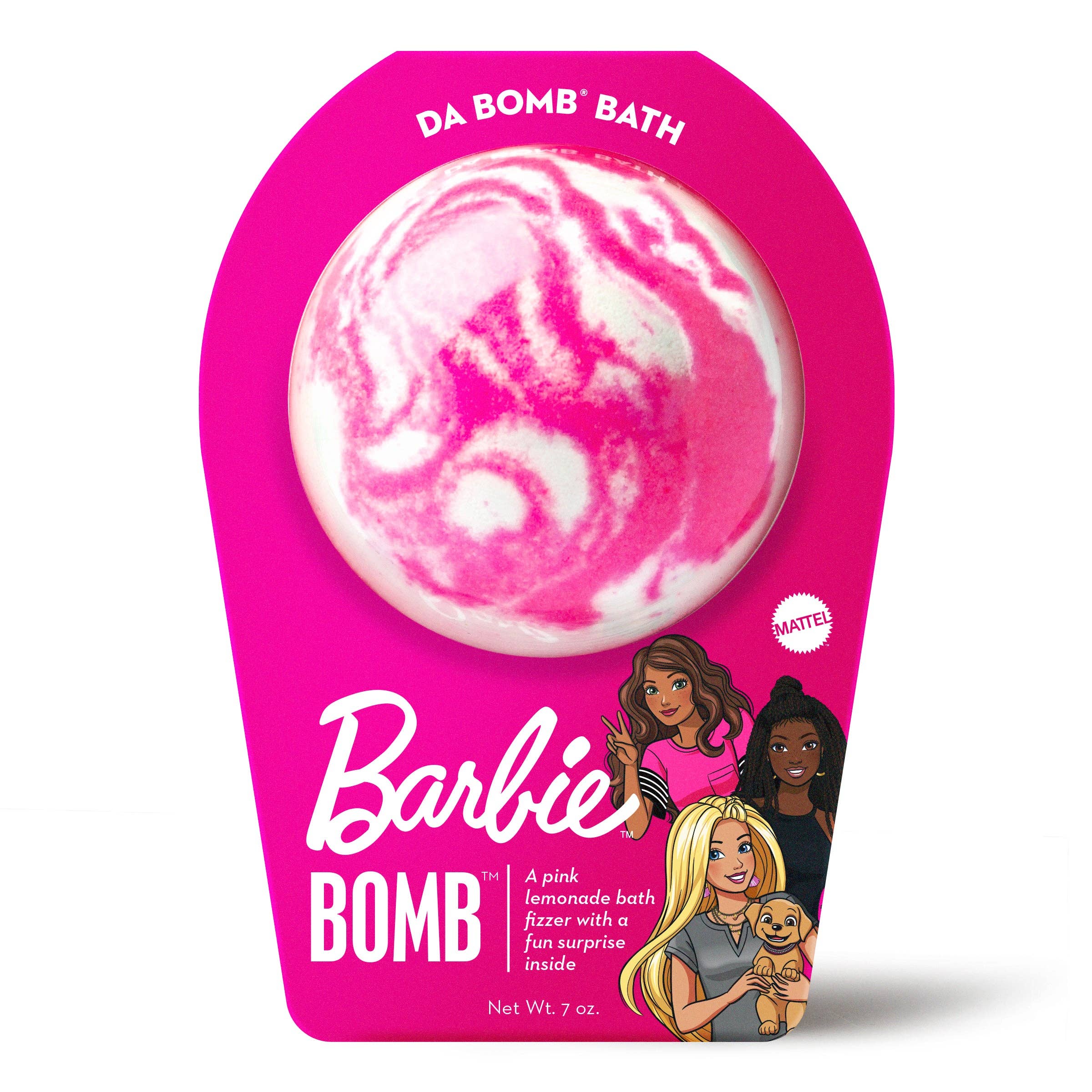 Pink swirl Barbie Bath Bomb with pink lemonade scent and hidden surprise inside.