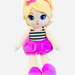Barbie Warmies plush with blonde hair, pink bow, striped outfit, and microwavable weighted filling