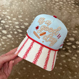 Light blue It’s A Good Day baseball hat with red stitched brim and rope detail.