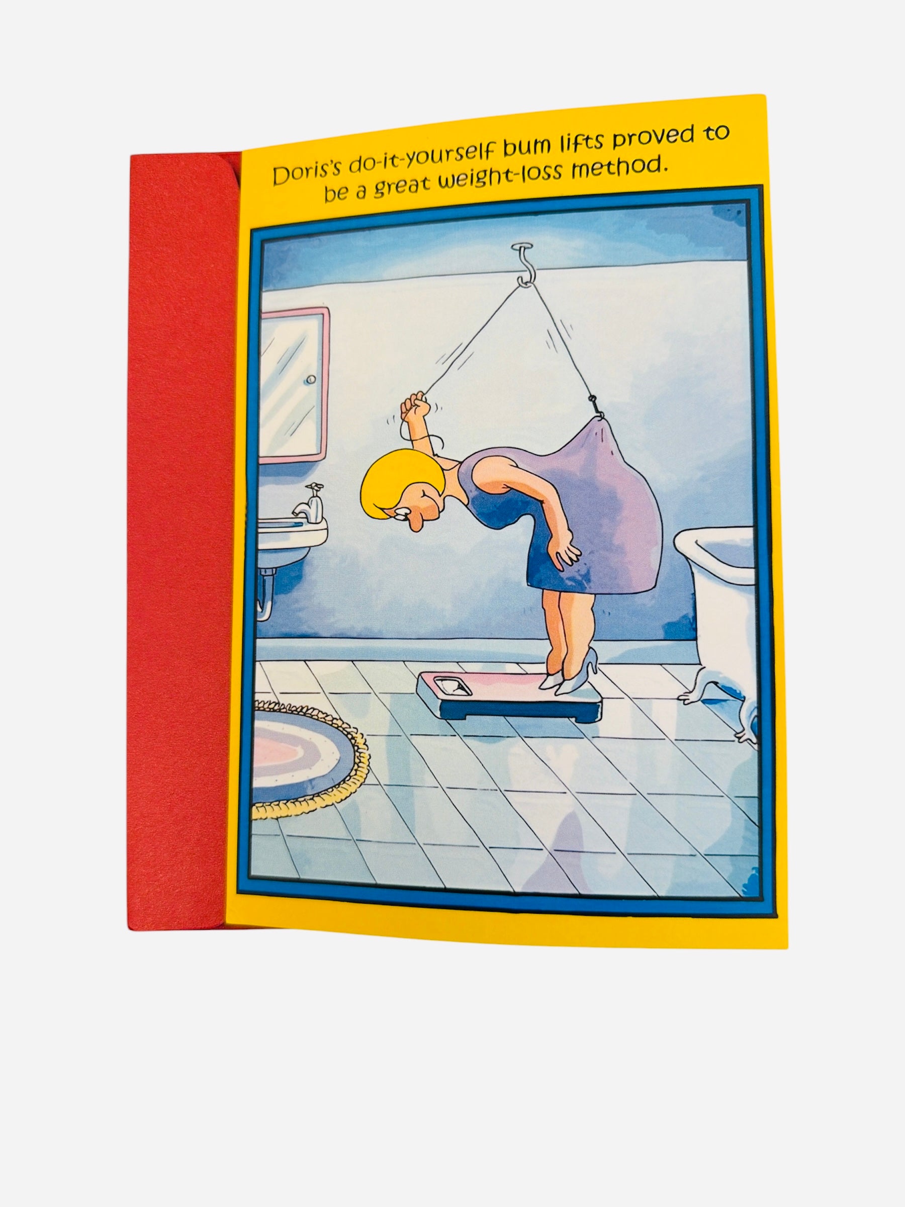 Funny cartoon greeting card with humorous bathroom scale joke.