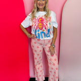 White Bee Kind graphic tee with colorful bee design and crystal rhinestone embellishments.