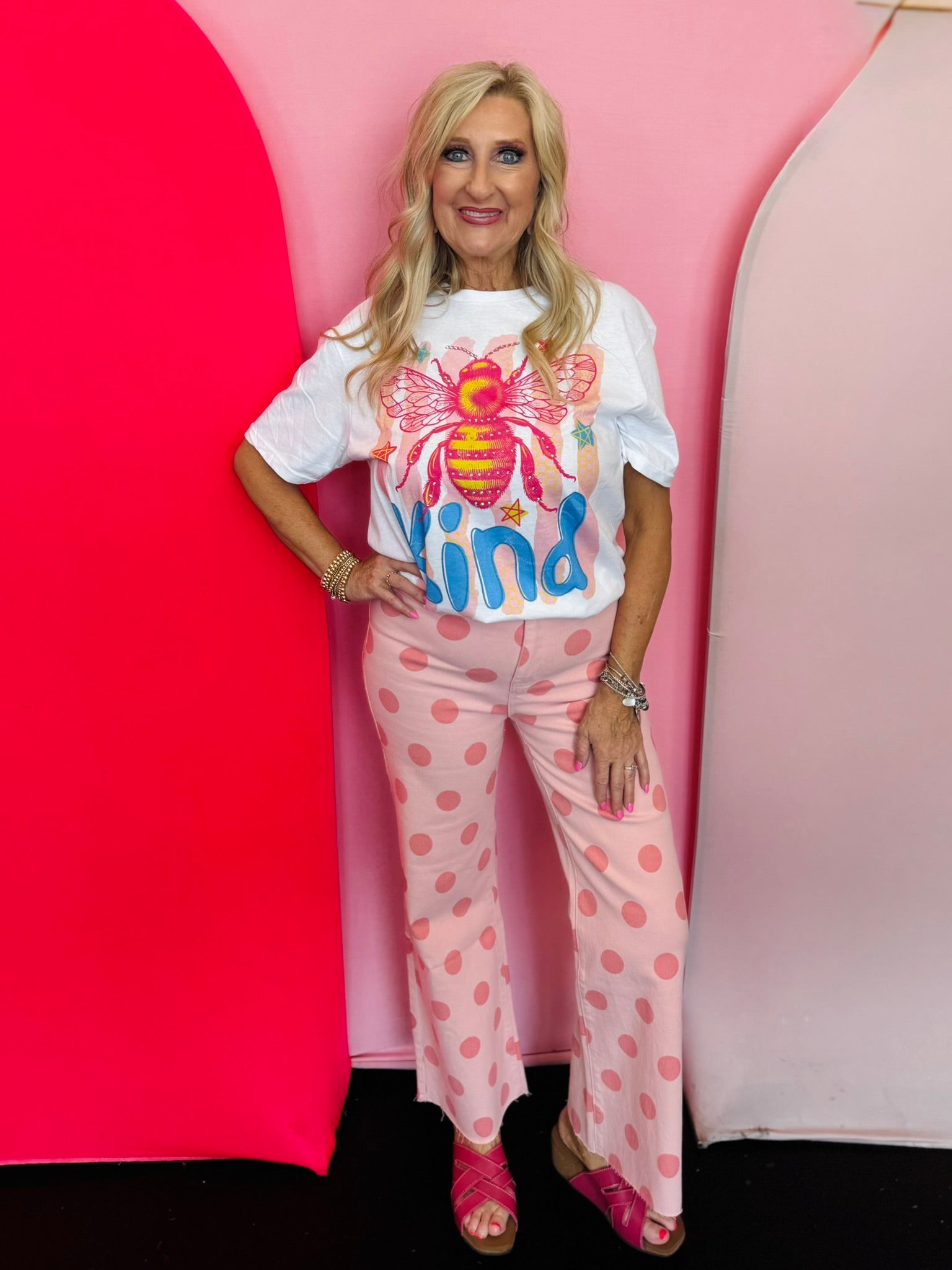 White Bee Kind graphic tee with colorful bee design and crystal rhinestone embellishments.