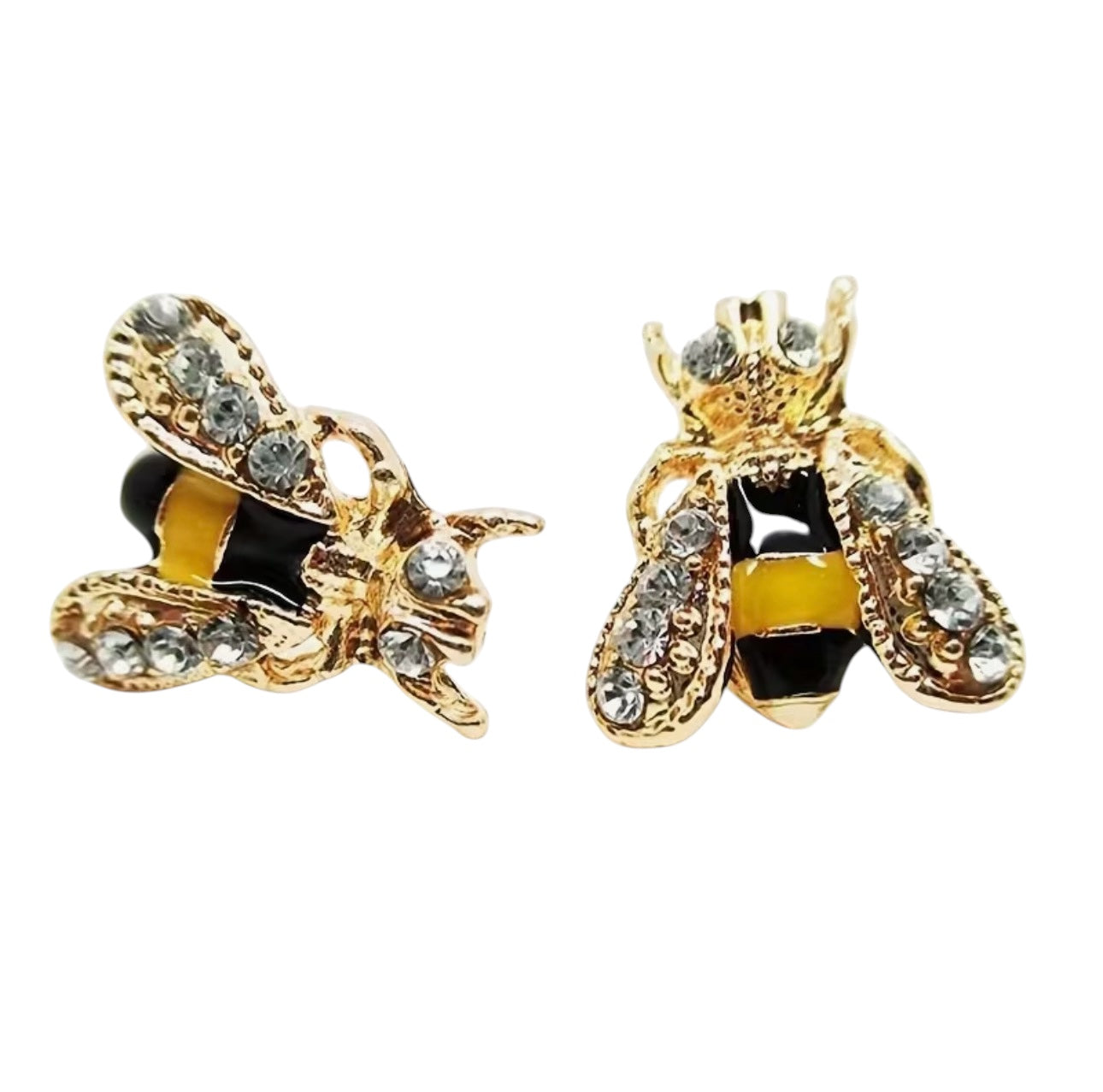 Gold bee stud earrings with yellow enamel and rhinestones.