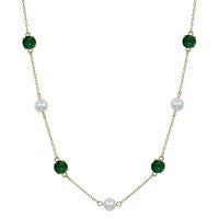 Beiber Emerald Pearl Necklace, 16–18 in gold chain with alternating emerald green crystals and pearls.