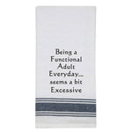 White tea towel with black trim and funny adulting quote.