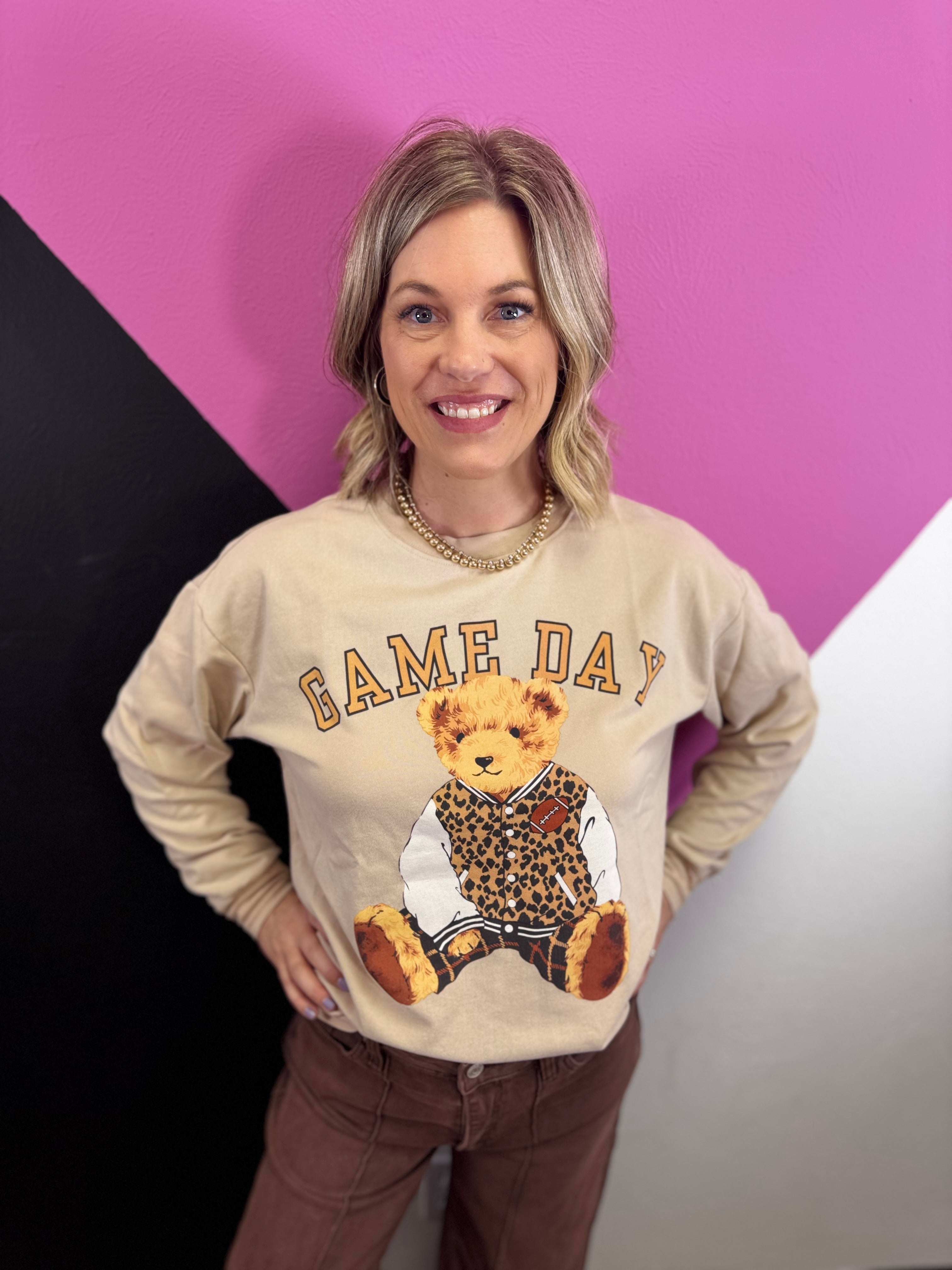 Benny The Bear Game Day Pullover with football-inspired bear graphic and crew neckline.
