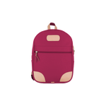 Jon Hart berry coated canvas backpack with Natural Leather trim, front zip pocket, two side pockets, and adjustable leather-detailed straps.