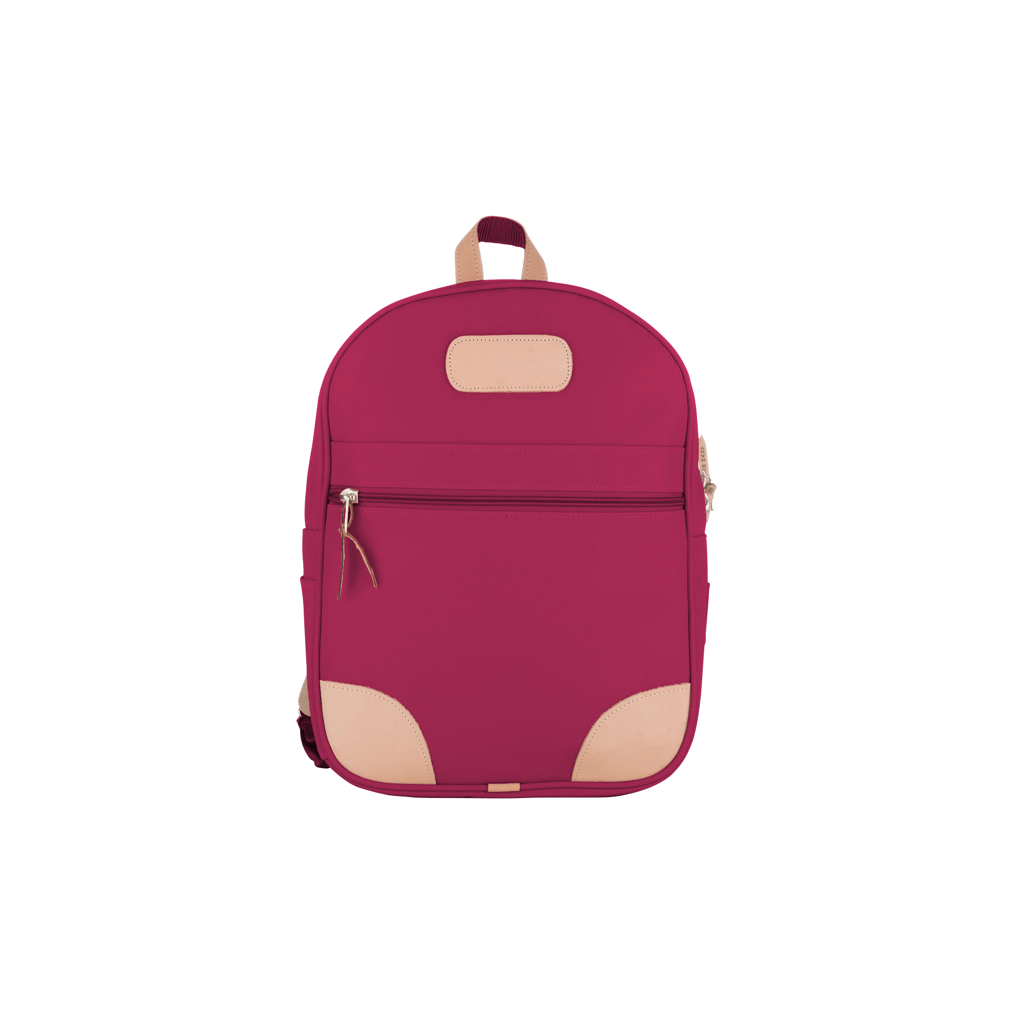Jon Hart berry coated canvas backpack with Natural Leather trim, front zip pocket, two side pockets, and adjustable leather-detailed straps.