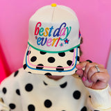 Best Day Ever hat with colorful embroidery, polka dot bill, and magic themed details.