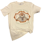 Cream rhinestone tee with “I Like Big Bucks” deer graphic and ornate gold-style frame design.