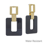 Black acrylic gold square earrings, 2 inch, water resistant and lightweight.