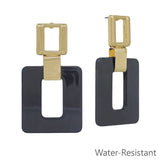 Black acrylic gold square earrings, 2 inch, water resistant and lightweight.
