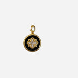Black enamel floral charm with gold beaded bezel and crystal accents, lobster clasp for versatile wear