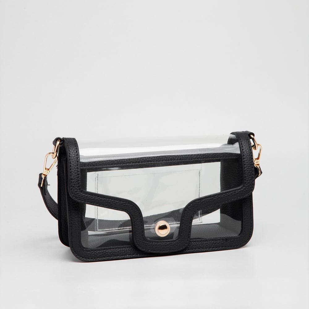Clear black game day shoulder bag with gold hardware, removable strap, and magnetic closure.