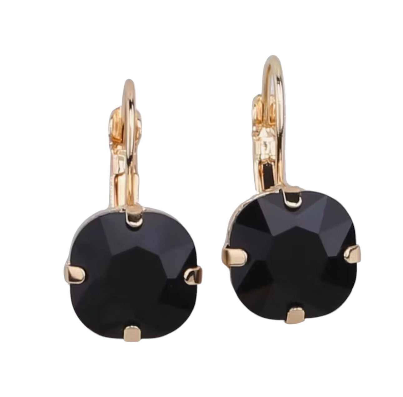 Gold tone drop earrings with faceted black gemstone and fishhook ear wire.