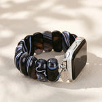 Black Marble Agate Apple Watch stretch band with polished black, white and earthy gemstone beads.