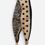 Black paisley and polka dot scarf necklace with pearl accent and sparkling magnetic closure.