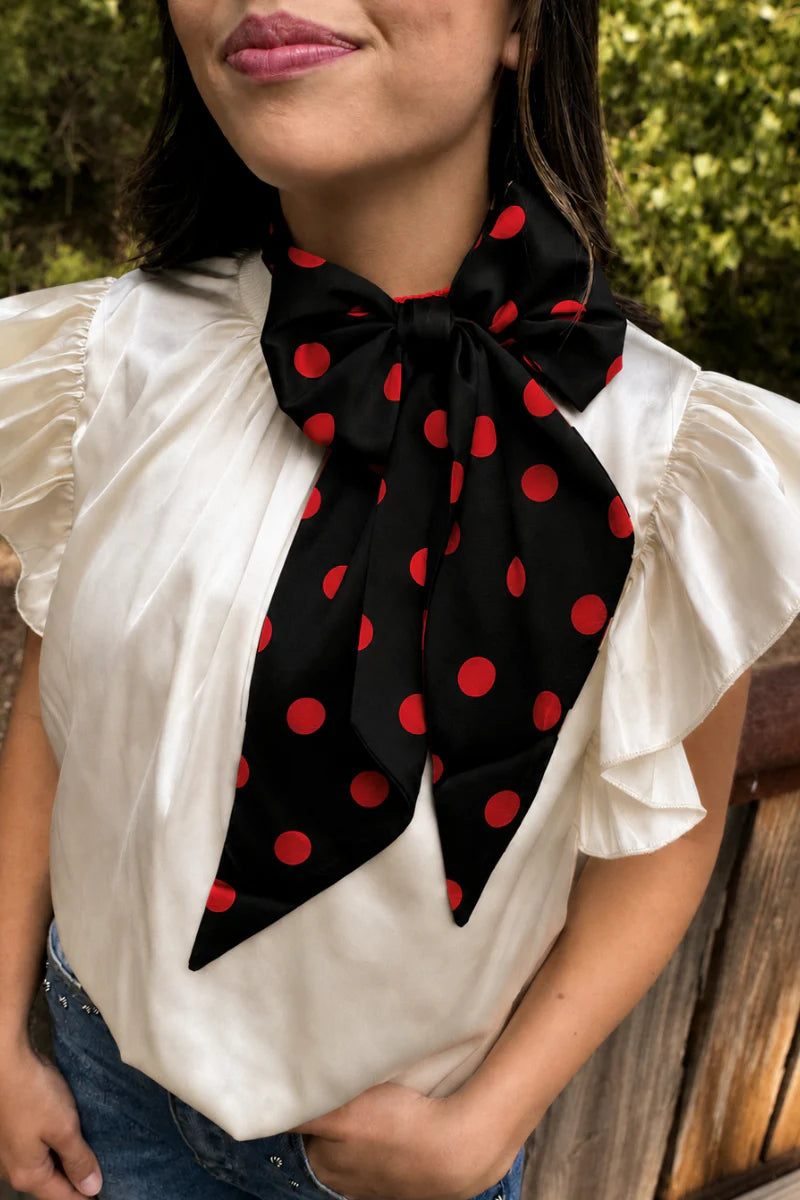 Black and red silky Latigo scarf with versatile styling options.