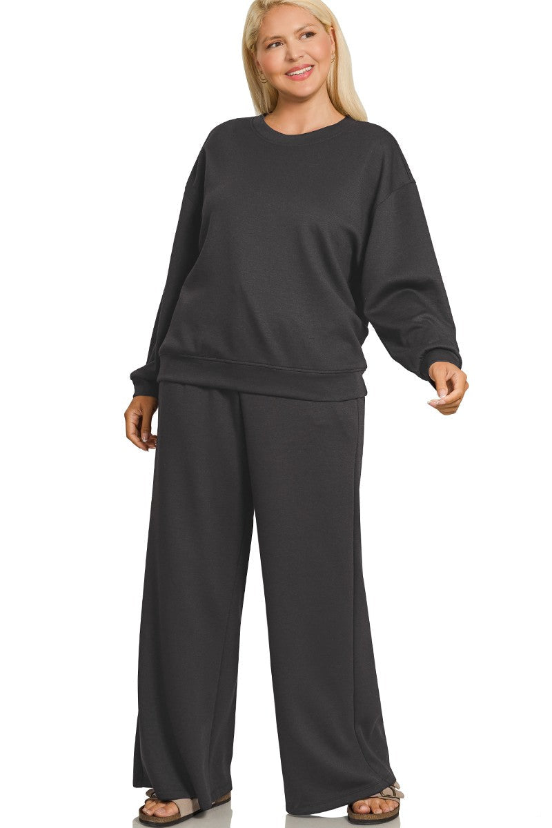 Black Scuba Pullover & Pants Set, plus size, stretch knit with relaxed fit for chic everyday comfort.