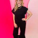 Black slub knit pant set with short sleeve top and relaxed fit lounge pants