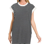 Black and white striped tee dress with contrast neckline and cap sleeves