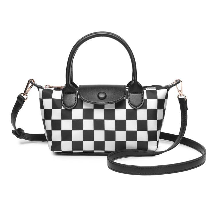 Black and white checkered crossbody bag with dual handles, gold hardware, and adjustable strap.