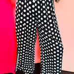 Black and White Contrast Polka Dot Wide Leg Pants with lace trim, side panel detail, and elastic waistband.